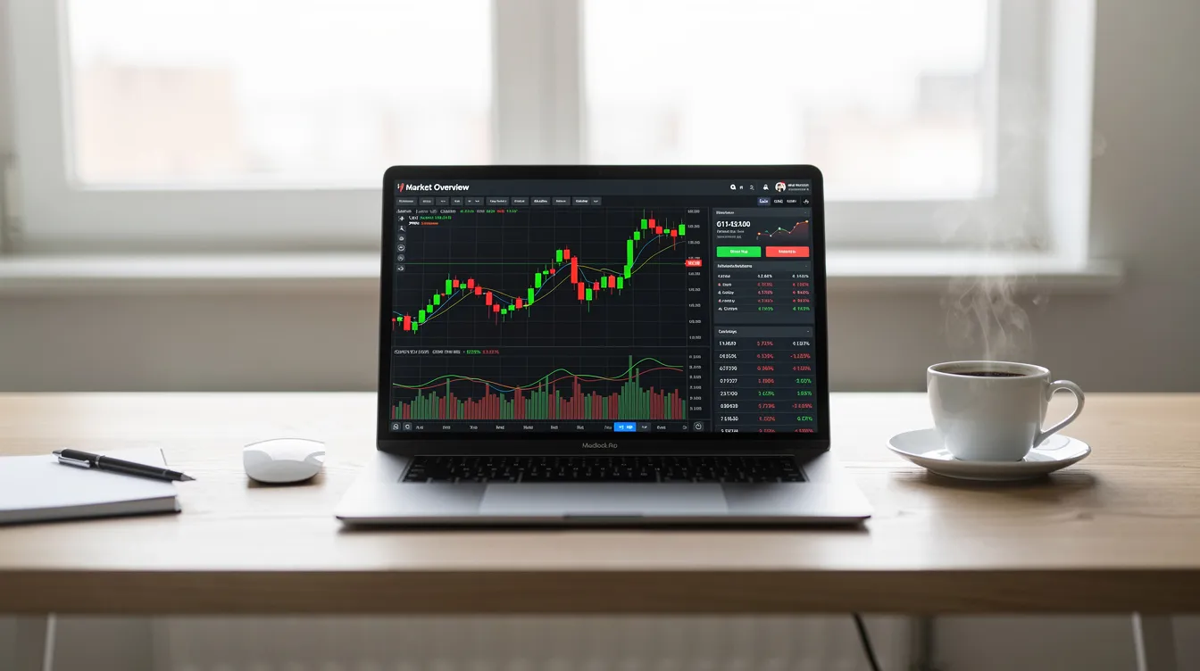 The image shows a laptop displaying financial charts related to forex trading on a clean desk, accompanied by a coffee cup. This setup is ideal for retail forex traders looking to utilize advanced trading tools and strategies in the foreign exchange market.