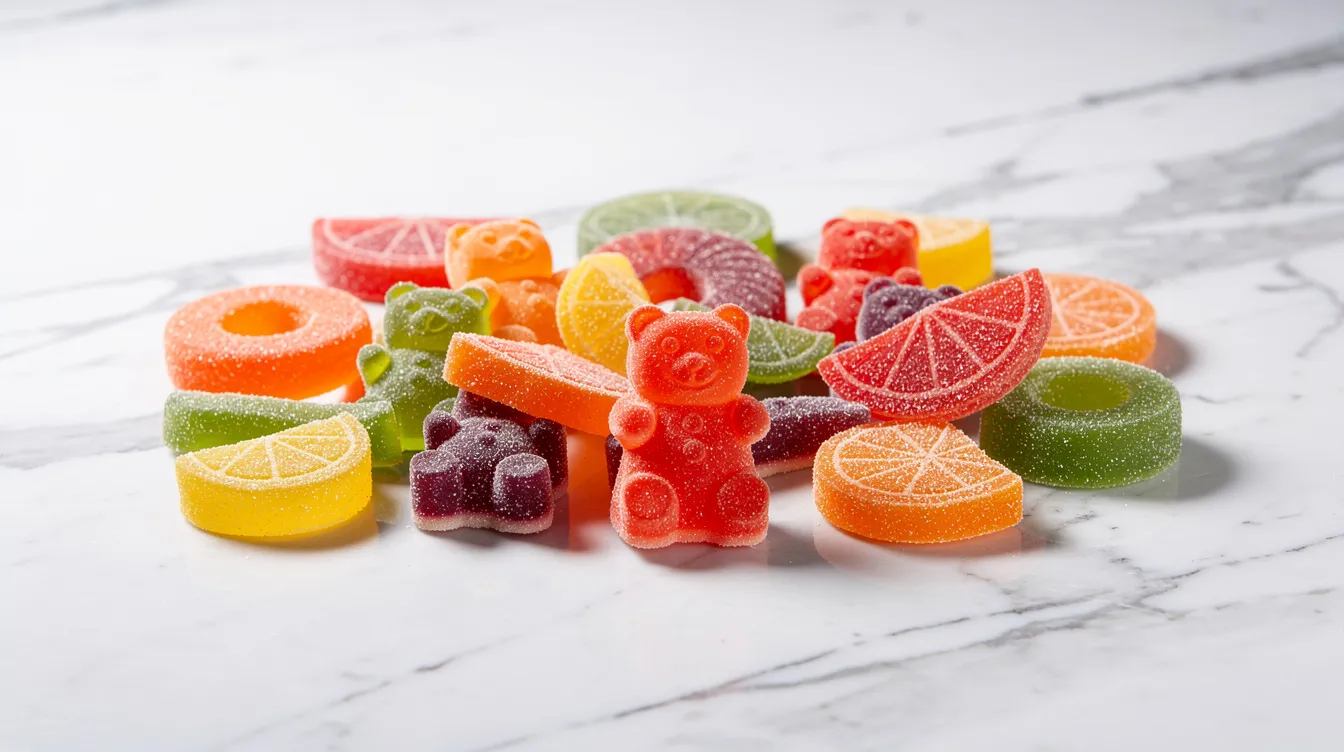 The image features a vibrant assortment of fruit-flavored gummies, beautifully arranged on a pristine white marble surface, showcasing their colorful and appealing shapes. These gummies, often enjoyed as dietary supplements, may include functional ingredients like mushrooms, making them a popular choice among consumers looking for tasty and potentially beneficial edibles.