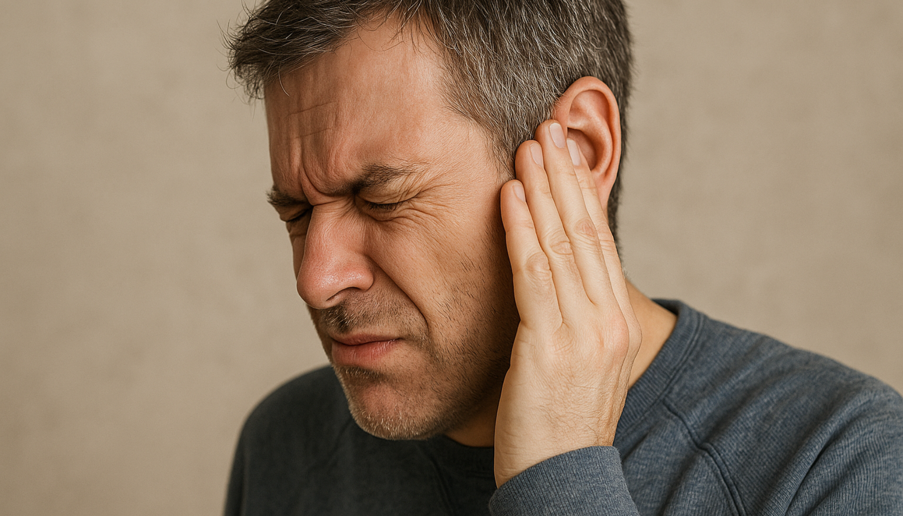 Mann med smertefullt uttrykk holder hånden mot øret, viser ubehag og symptomer på tinnitus.