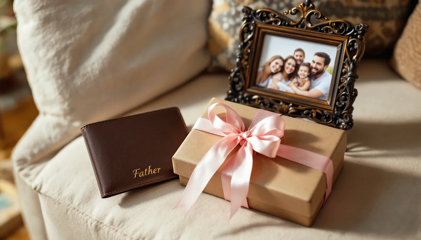 A cozy home setting features a personalized Father’s Day gift arrangement, including an engraved leather wallet with initials, a photo frame displaying a family photo, and a beautifully wrapped gift box with a ribbon, all evoking a warm and sentimental vibe perfect for expressing appreciation for dads.