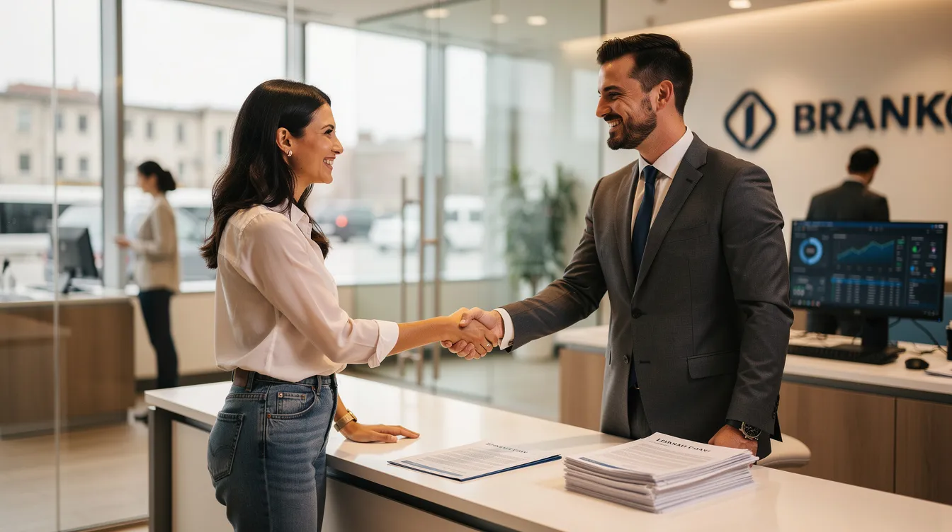 8887def0 4d68 4545 a342 fce89dd78f57 The image depicts a confident small business owner shaking hands with a bank manager inside a branch office, symbolizing the partnership in securing financial support through the Pradhan Mantri Mudra Yojana. This interaction highlights the importance of micro and small enterprises in India, as they seek collateral-free loans to boost cash flow and support income-generating activities.