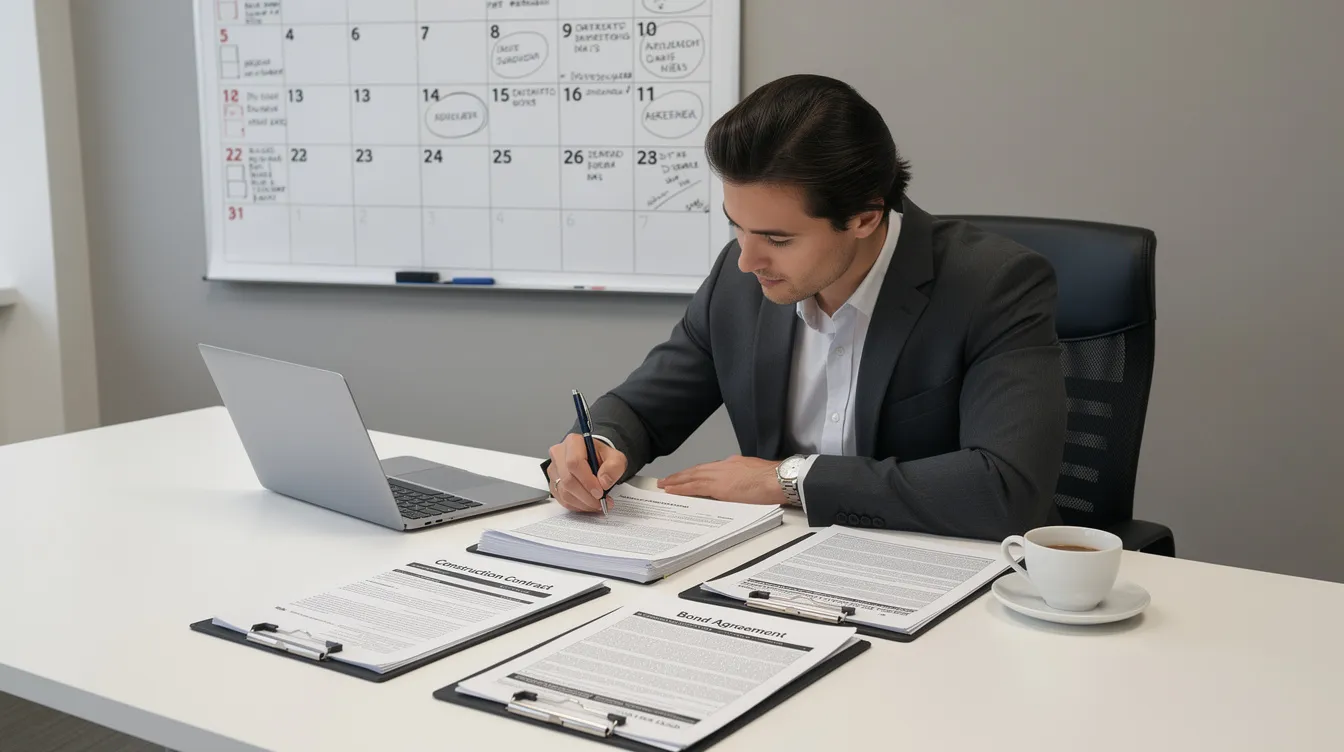 A person is seated at a desk, meticulously reviewing construction contracts and bond documents, with a calendar in view. This scene highlights the importance of understanding payment bond claims and contractual obligations in the construction industry.