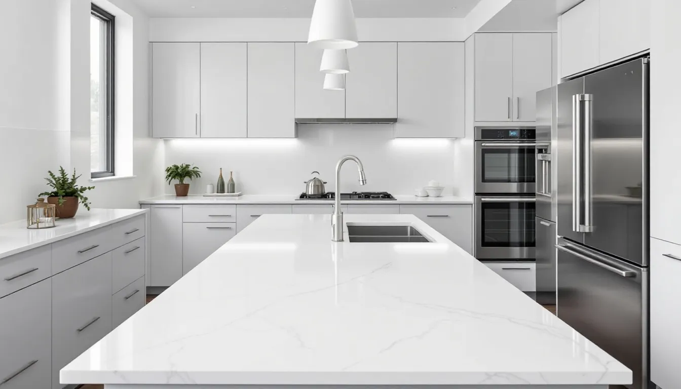 A beautifully installed quartz countertop is showcased in a modern kitchen, featuring sleek lines and a polished finish that enhances the contemporary design. The countertop's durable and stain-resistant surface complements the surrounding kitchen cabinets, creating an inviting and functional food prep area.