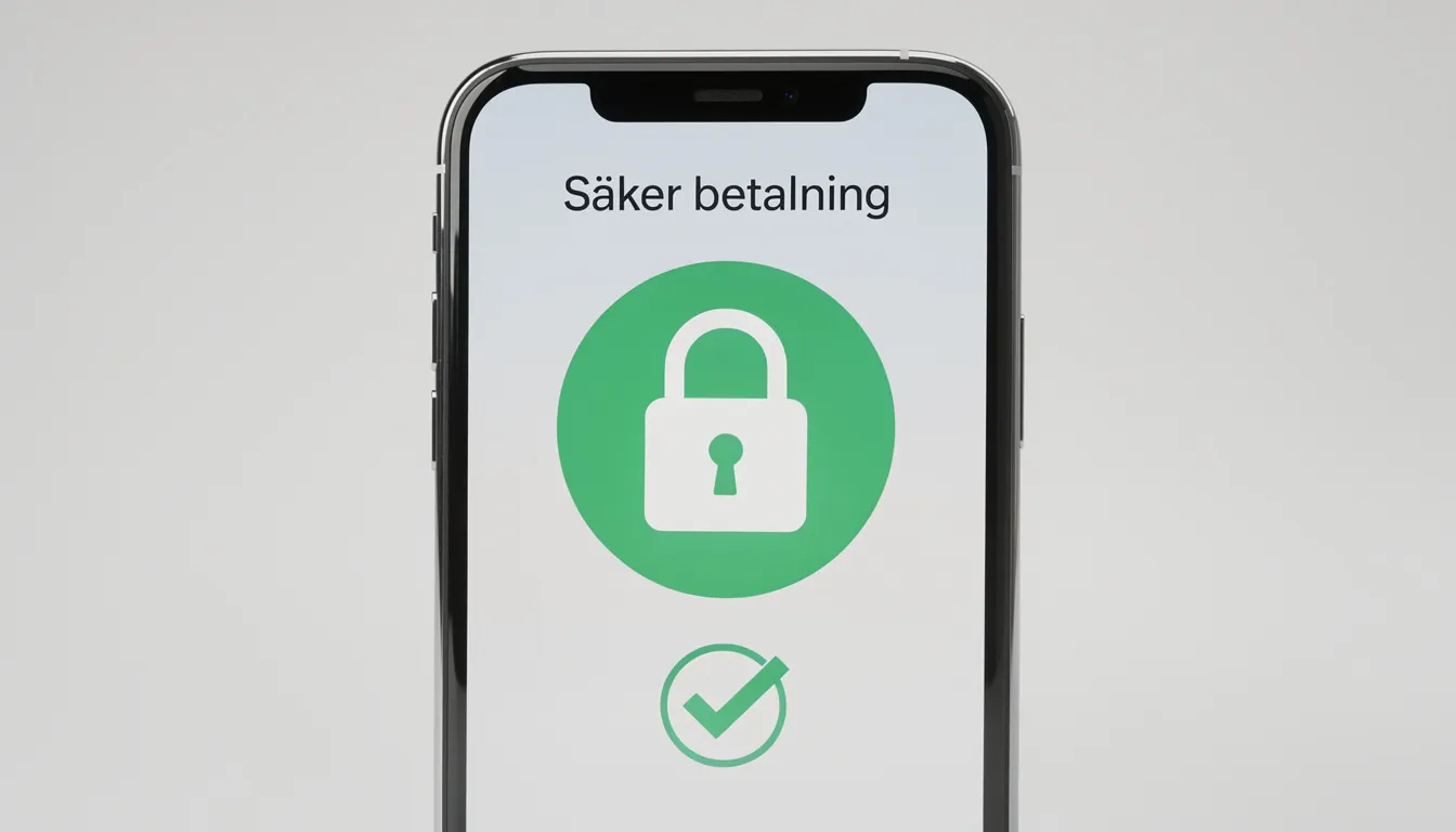 En smartphone visas med en låsikon och en grön bock, vilket symboliserar säker betalning. Denna bild representerar tryggheten i att använda swish som betalningsmetod hos svenska casinon.