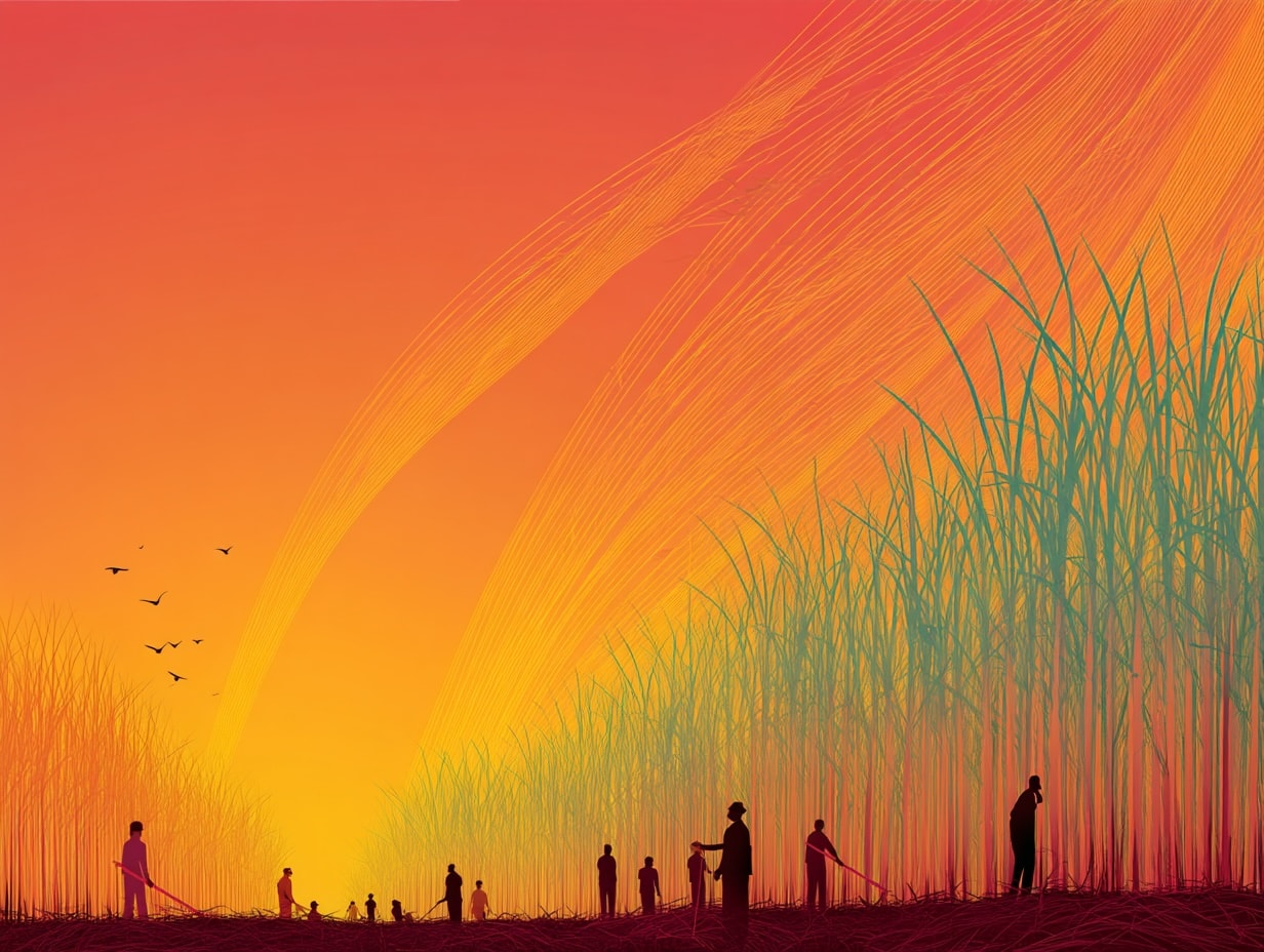 A vibrant image showing sugarcane farmers working in a field, symbolizing the transformation from scarcity to abundance.