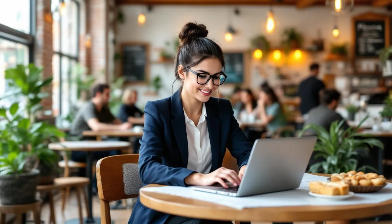 A professional woman is focused on her laptop while seated in a bright, colorful cafe in Mexico City, surrounded by vibrant decor that reflects the rich cultural heritage of Mexico. This scene captures the essence of expat life, showcasing how many American citizens and digital nomads are embracing the warm atmosphere and opportunities that living in Mexico offers.