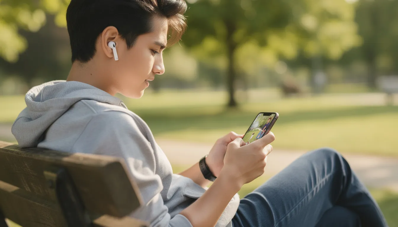 En person sitter utomhus och använder sin smartphone för underhållning, kanske för att spela på ett online casino som erbjuder olika spel som slots och roulette. Denna aktivitet kan ge en känsla av nöje och spänning, liknande det man får hos happy casino.