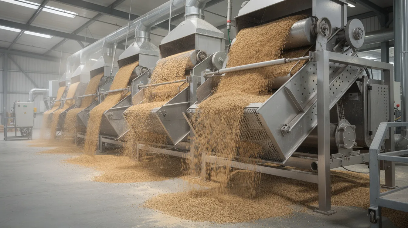 The image depicts industrial grain cleaning machinery inside a flour mill, with wheat flowing through various separators that ensure the quality of the raw materials. This milling process highlights the intricate design of the machinery used to prepare wheat for the production of flour.