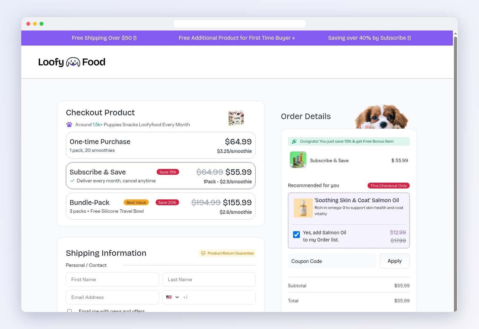 Loofy Food checkout with three price options, order details and a salmon oil add-on