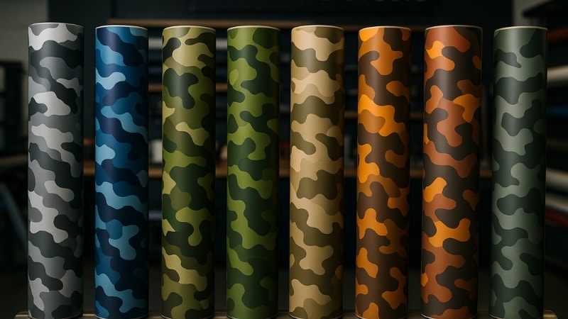 A studio displaying camouflage vinyl wrap rolls in different colors