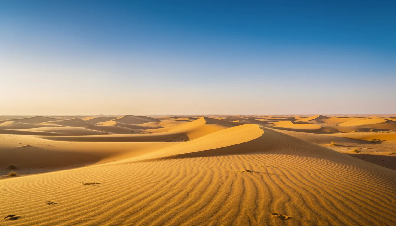 A panoramic view of the Sahara Desert showcases vast golden dunes stretching endlessly towards the horizon beneath a clear blue sky, inviting adventurers to explore this stunning expanse. The image captures the serene beauty of rolling dunes, highlighting the allure of a Sahara expedition in Africa.