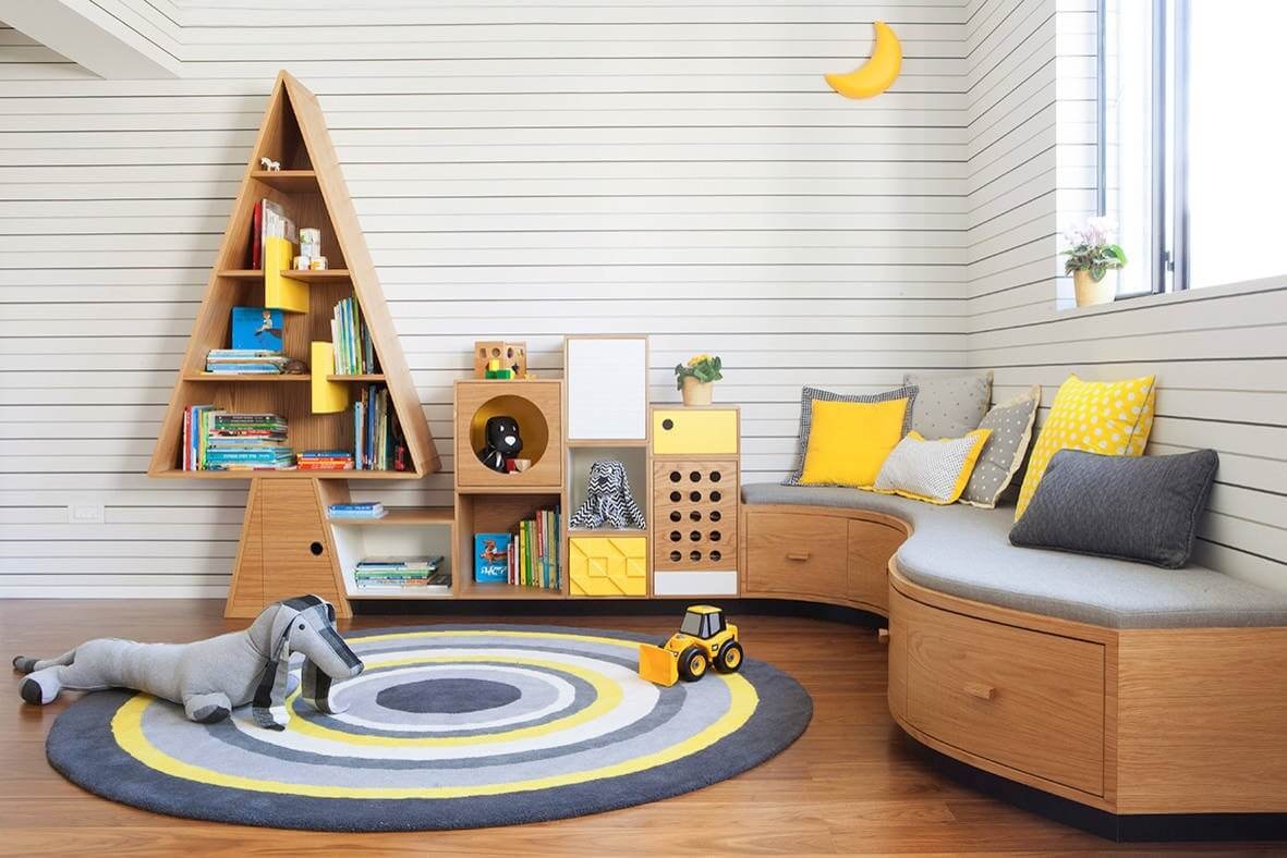 modern kids playroom with storage shelves