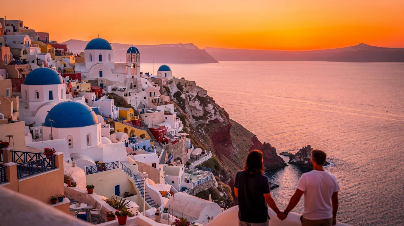 Um casal observa o pôr do sol sobre edifícios brancos com cúpulas azuis, com vista para o Mar Egeu, em um cenário que remete à Grécia. A imagem captura a tranquilidade e a beleza do momento, refletindo a cultura e a história do destino.