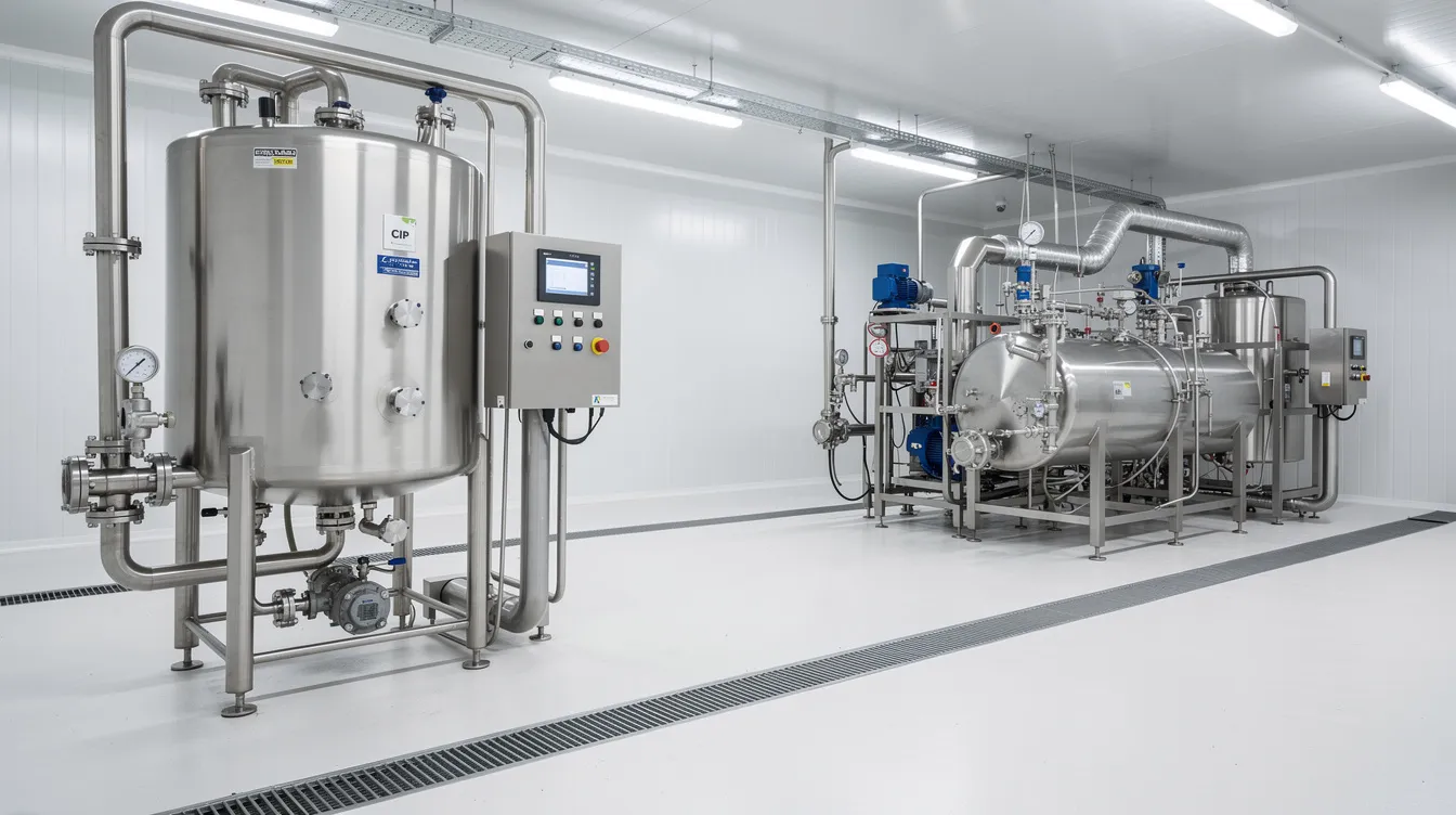 889f5909 5c8d 4135 b29b 508dd95650f4 The image depicts stainless steel dairy processing equipment, including a pasteuriser and homogeniser, set within a clean and hygienic production hall, essential for the manufacturing process of ready to drink dairy beverages. This facility emphasizes quality control and food safety, vital for producing fruit flavored milk drinks and other functional beverages.