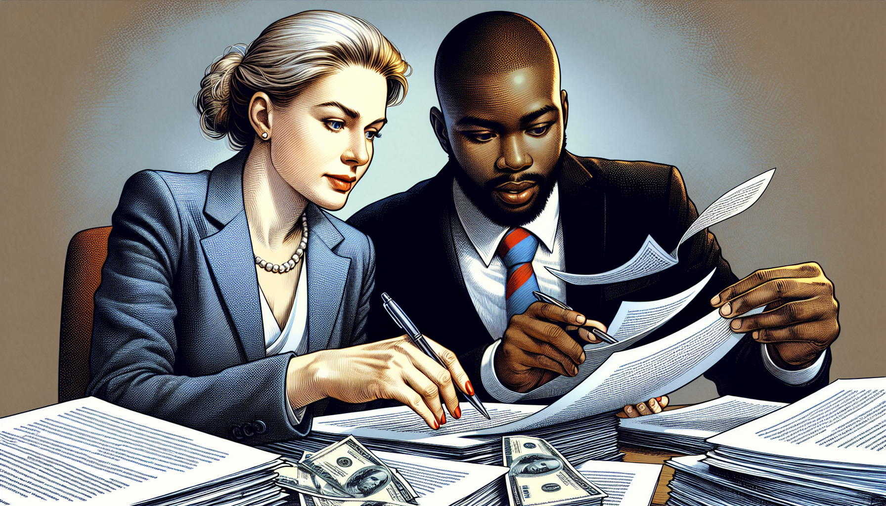 Illustration of a debtor working with a bankruptcy attorney on legal requirements