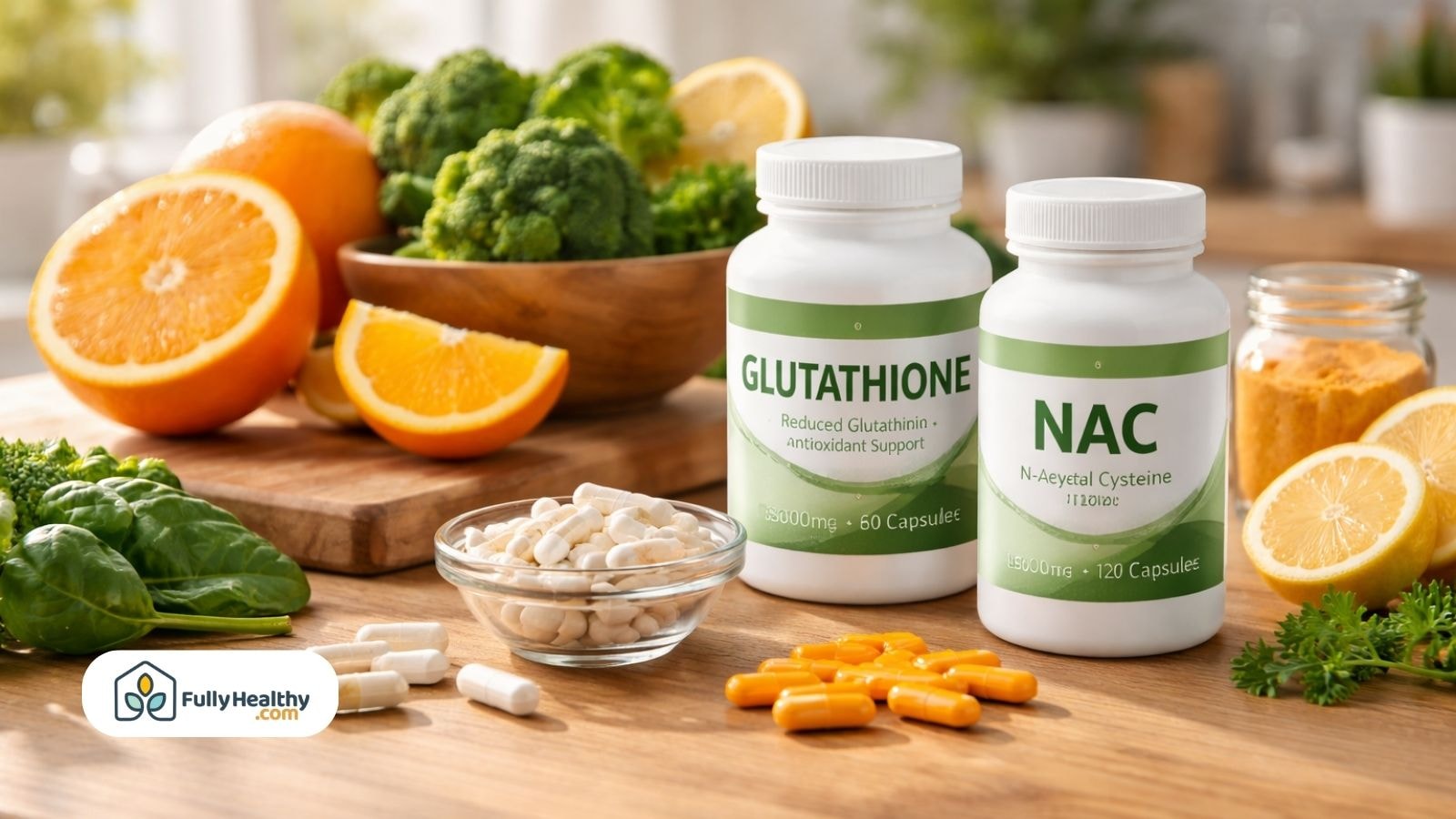 Glutathione and NAC supplements with fresh fruits vegetables