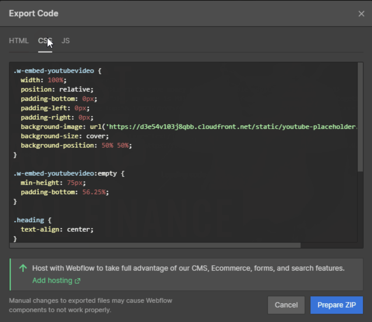 Click the Prepare ZIP button to start the export process