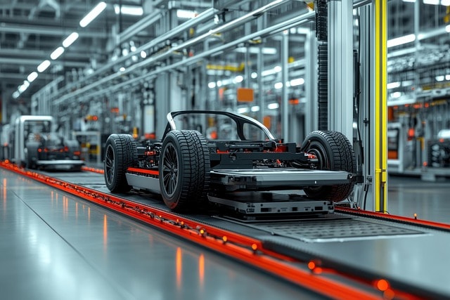ai generated, electric, vehicle, chassis, assembly, line, automotive, manufacturing, car, frame, production, factory, process, industry, auto, engineering, conveyor, technology, innovation, transport, modern, vehicle-frame, equipment, production-line