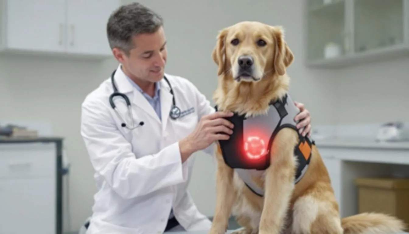 A veterinarian is demonstrating how a thunder jacket applies gentle calming pressure to a dog