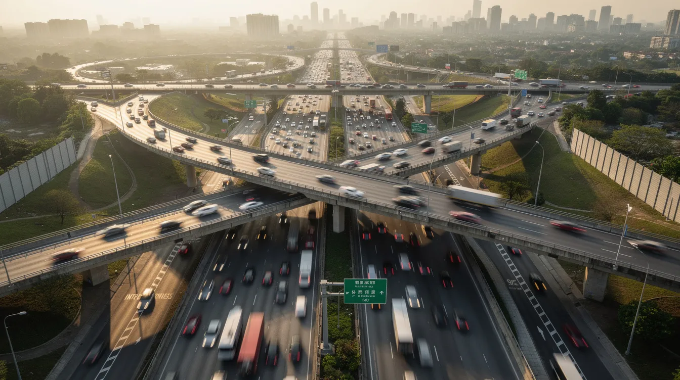 The image depicts a busy highway interchange filled with multiple lanes of traffic, showcasing various vehicles including cars and motorcycles. This scene highlights the potential for motorcycle accidents, emphasizing the importance of legal representation for motorcycle accident victims navigating the complexities of personal injury claims.
