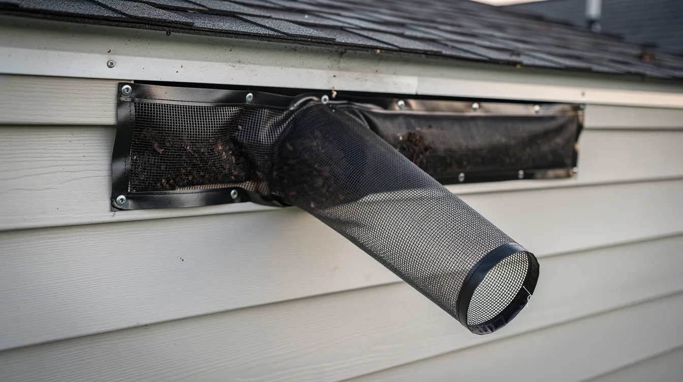 The image shows a one-way bat exclusion device made of mesh tubing, securely mounted over a gap in the residential roofline siding. This installation is part of comprehensive wildlife removal services aimed at preventing bats from re-entering the home while ensuring humane removal methods are used for the safe and effective resolution of wildlife intrusions.