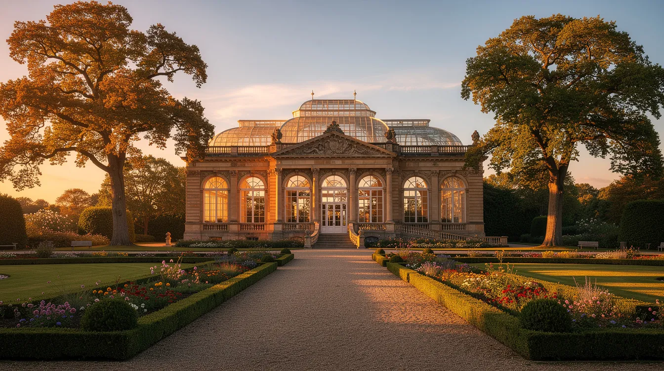 Die barocke Orangerie in Erlangen erstrahlt im warmen Abendlicht, umgeben von einer liebevoll gestalteten Gartenanlage und alten Bäumen im Vordergrund. Diese Sehenswürdigkeit ist ein beliebter Ort für Spaziergänge und bietet einen schönen Blick auf die Architektur und die Natur in der Nähe des Schlossgartens.