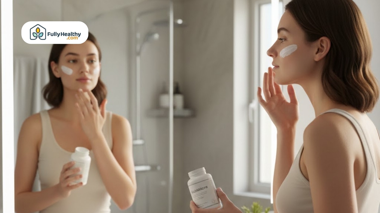 Woman applying skincare cream while holding supplement bottle