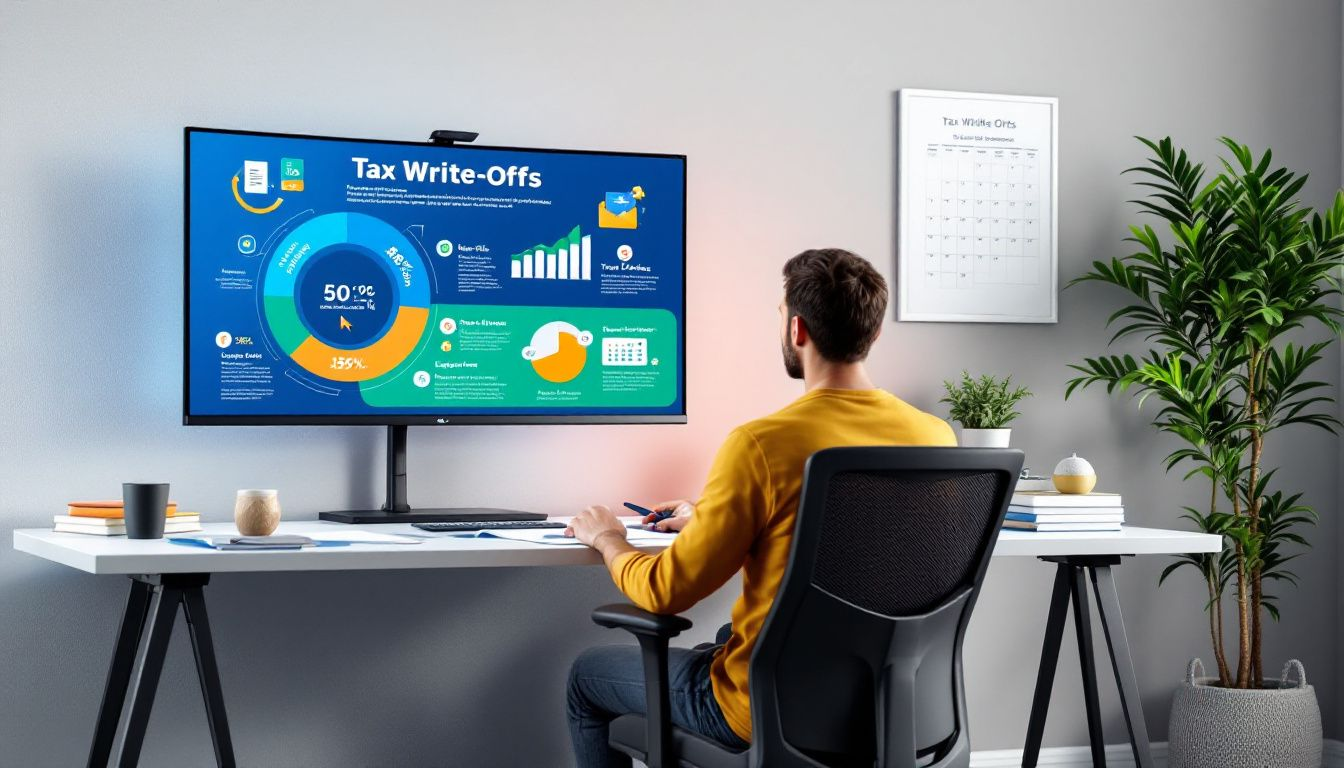 A self-employed individual working in their home office, reviewing tax write offs for self-employed individuals.