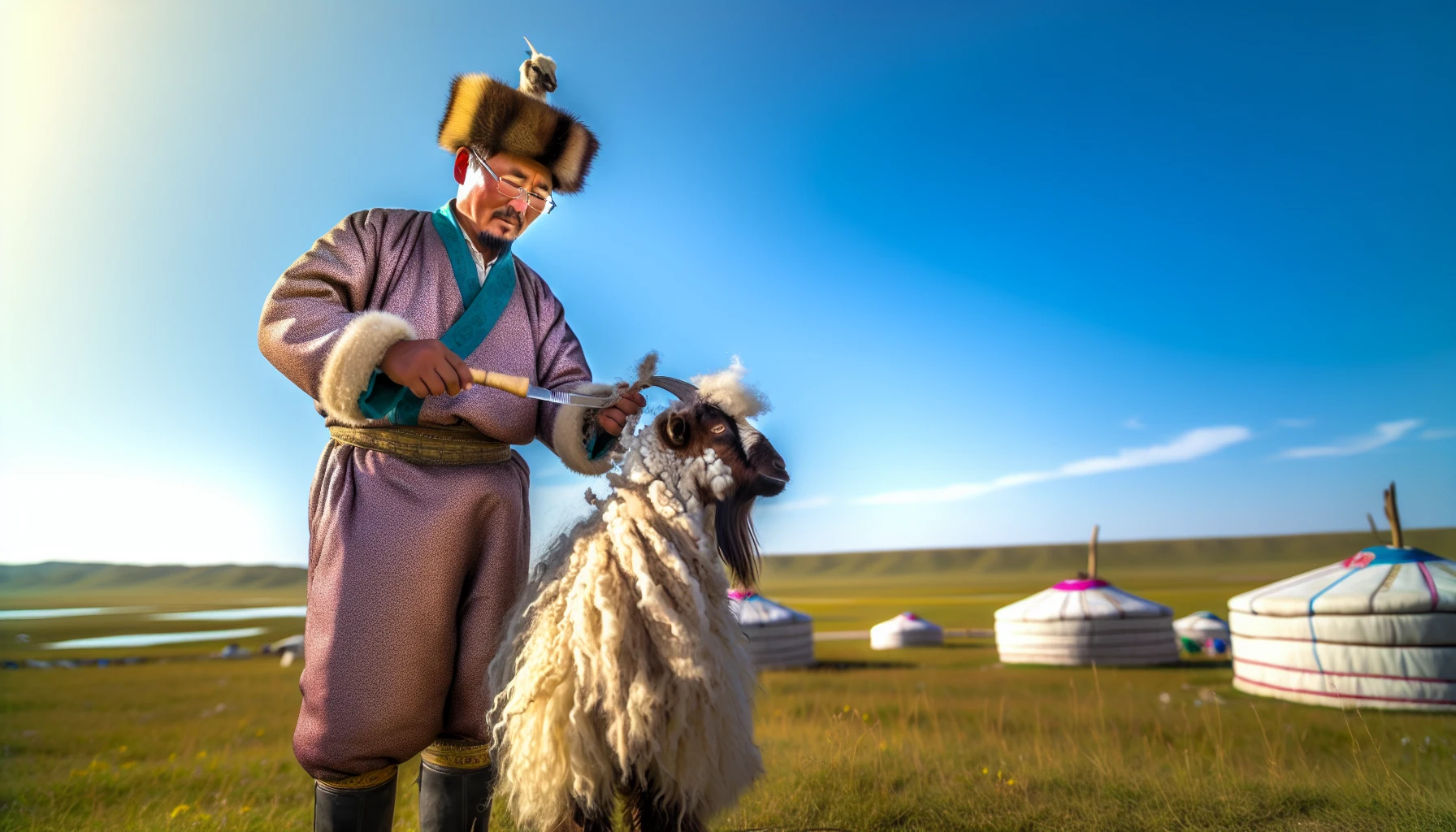 Combing cashmere goats in the Mongolian countryside