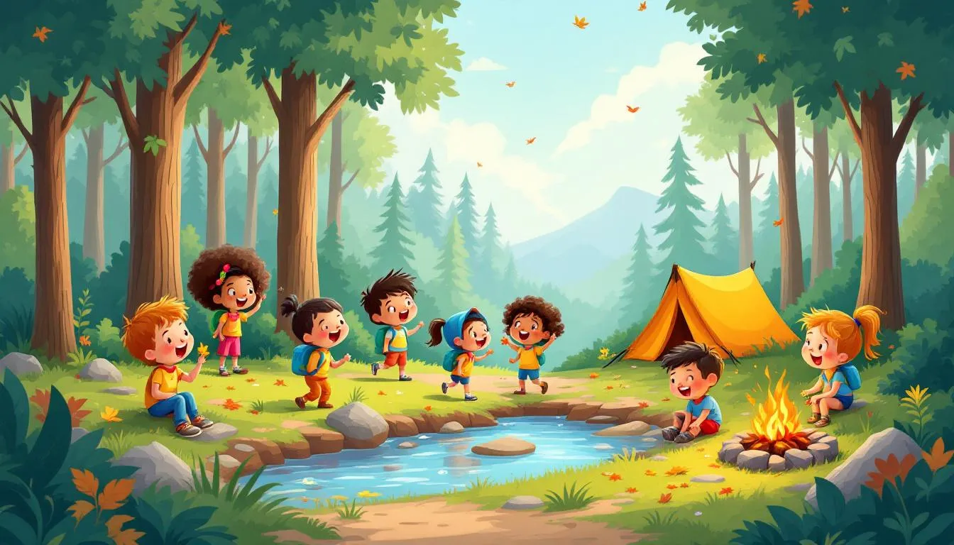 Kids having fun outdoors while camping, enjoying nature exploration.
