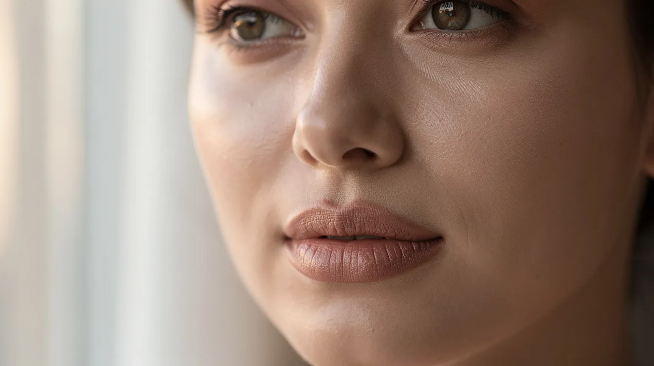 A close-up portrait of a woman showcases her natural-looking lips illuminated by soft natural light, highlighting the subtle enhancement achieved through lip filler injections. The image reflects a hydrated appearance and emphasizes the beauty of her natural lip shape, contributing to her overall facial harmony.