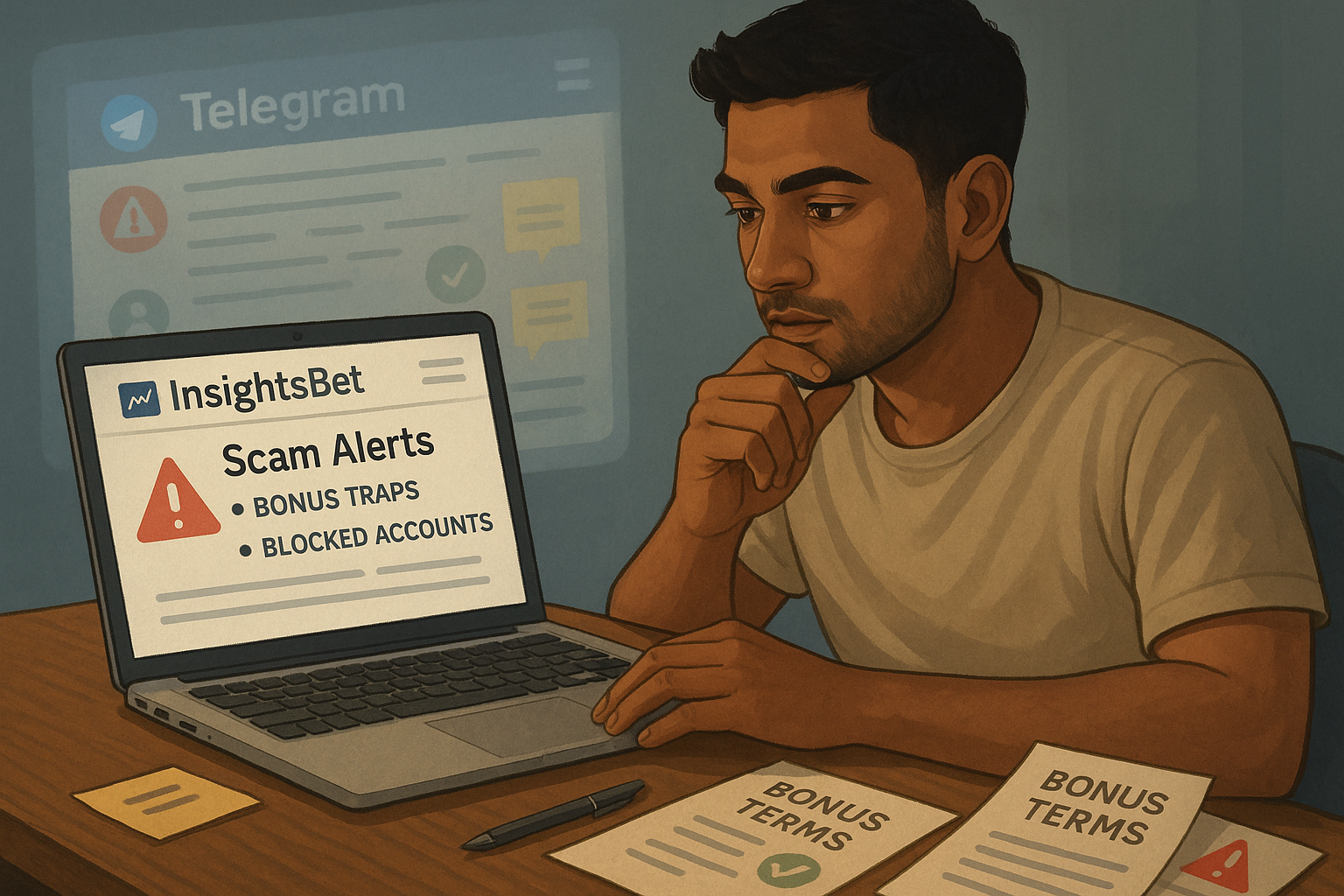 Semi-realistic digital illustration of a smart bettor reviewing scam alerts from InsightsBet on a laptop, surrounded by notes and community warnings.