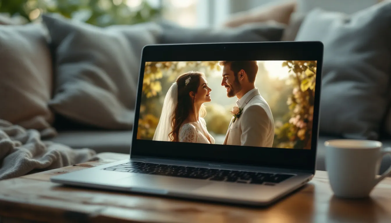 A cinematic wedding film being played on a laptop, showcasing beautiful wedding moments.