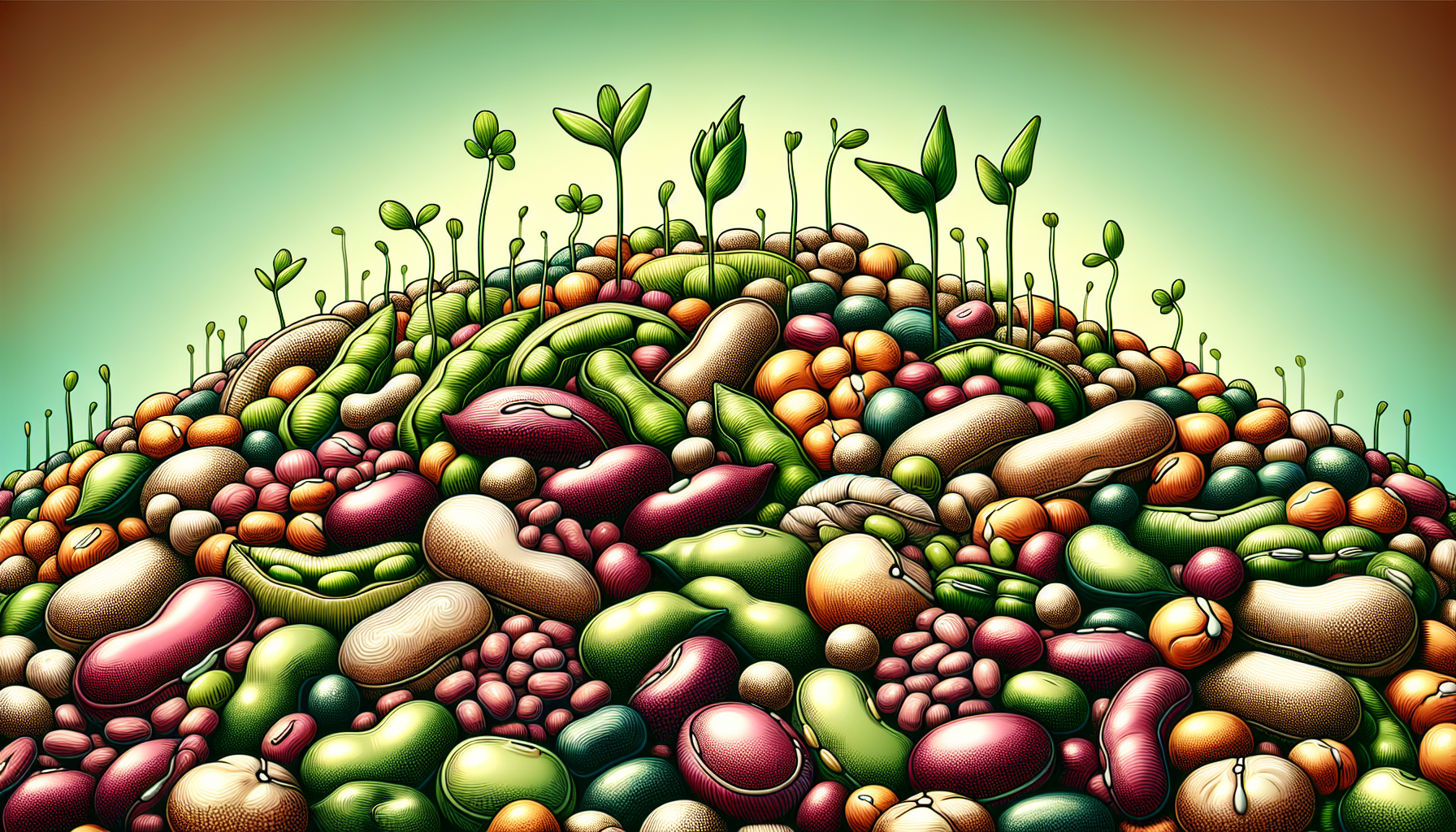 A vibrant illustration of assorted legumes, including beans, lentils, and chickpeas