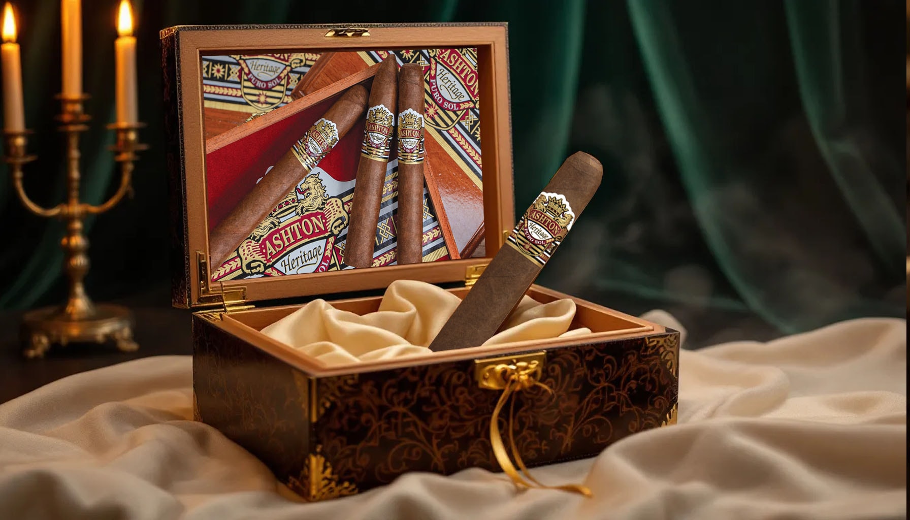 An Ashton Heritage Puro Sol cigar and its luxurious packaging.