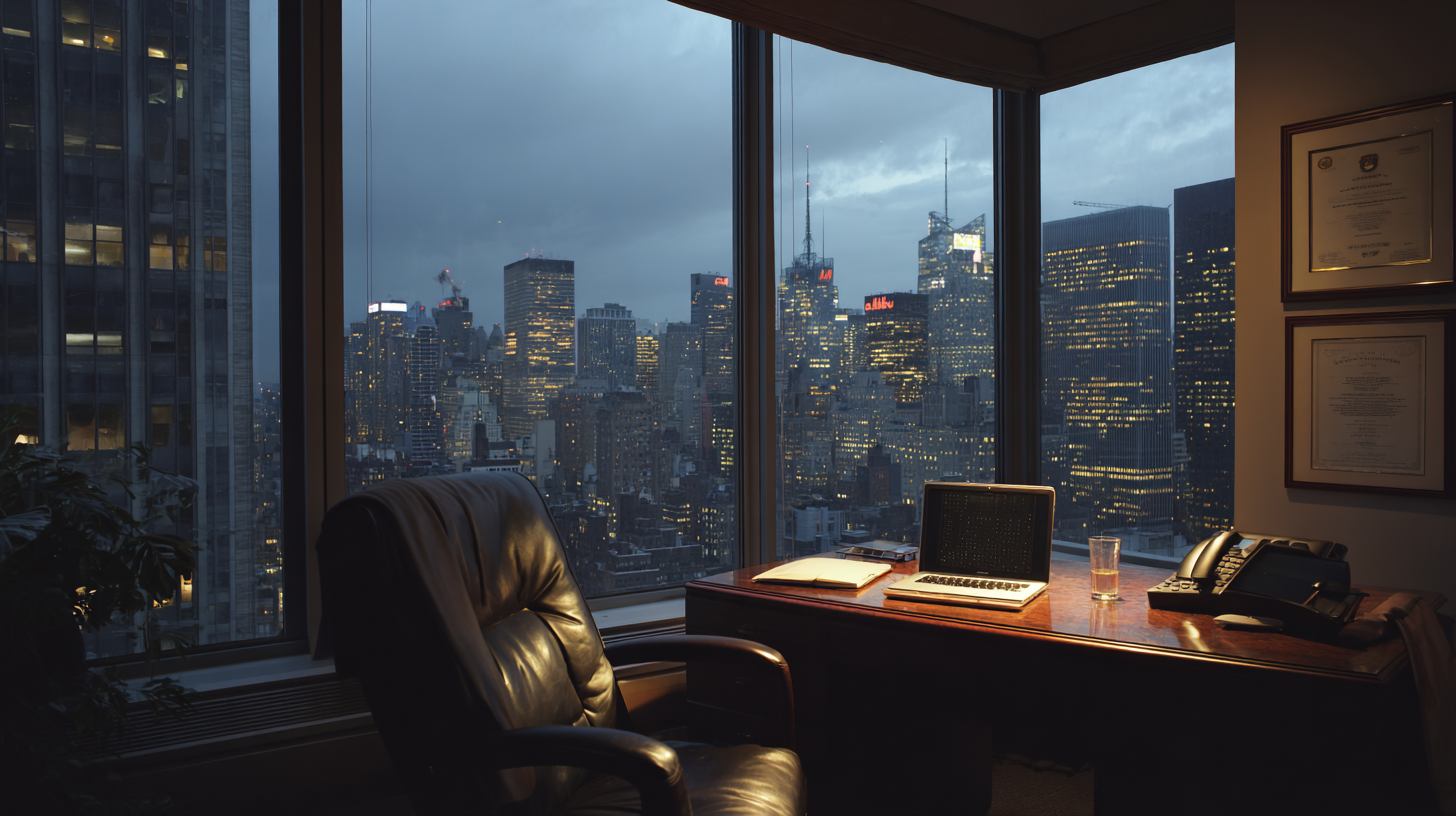 An empty corner office on a high floor of a Midtown Manhattan office building at dusk in early summer
