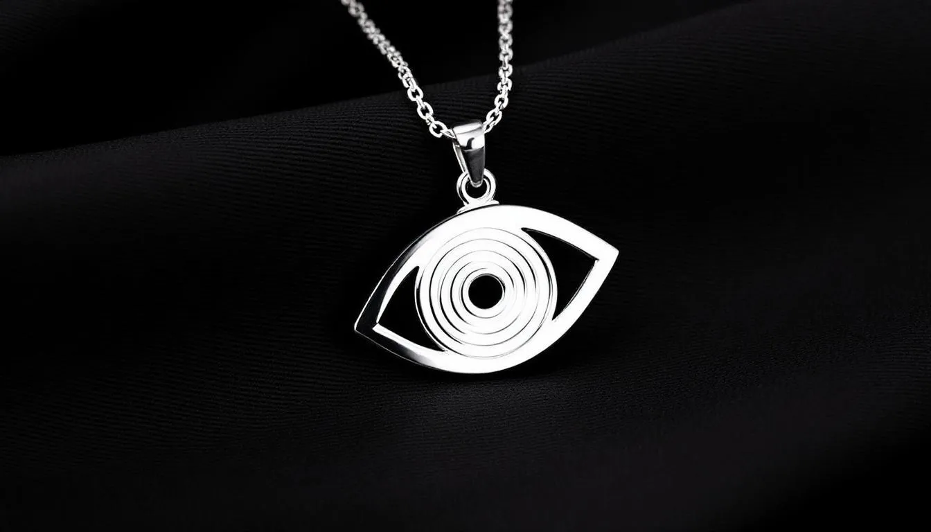 The image features a beautifully crafted all seeing eye necklace, showcasing a detailed eye pendant made of sterling silver, designed to offer protection against negative energy and evil spirits. This unique piece serves as a meaningful gift, symbolizing vigilance and safeguarding while being worn as a stylish accessory.