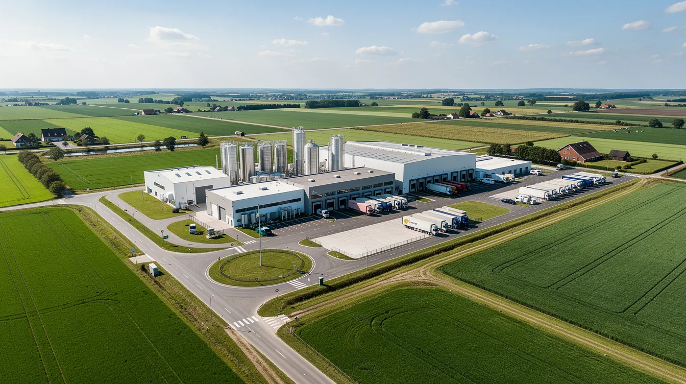 An aerial view of a modern dairy processing complex showcases its expansive facilities surrounded by lush green agricultural land, highlighting the importance of the whey protein manufacturing plant in the global whey protein market. This facility is designed for efficient production of whey protein products, including whey powder and whey protein concentrate, essential for various applications in sports nutrition and clinical nutrition.