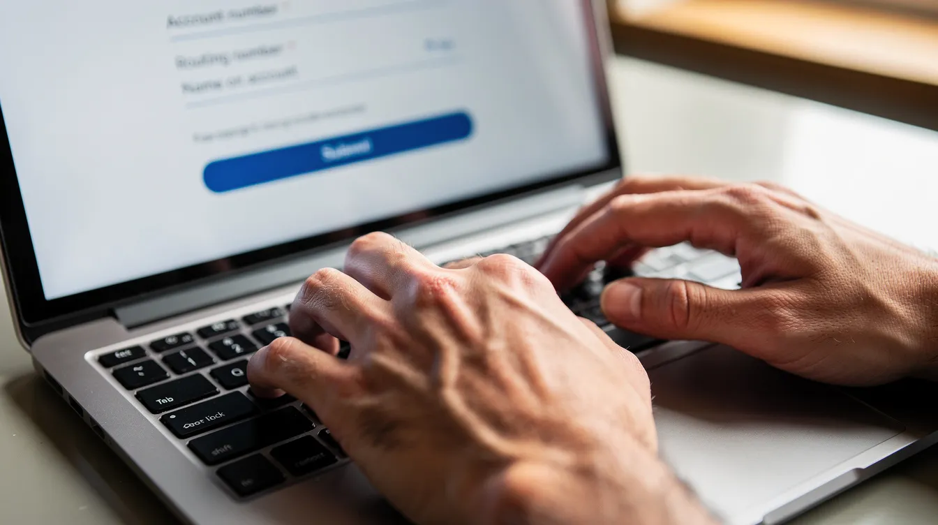 A close-up image shows a person's hands typing bank details, including the account number and beneficiary name, on a laptop keyboard. This scene highlights the importance of entering correct beneficiary details for seamless fund transfers and financial transactions.