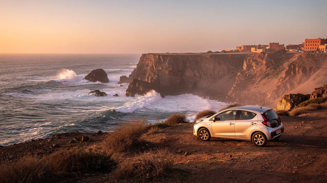 A small car is parked at the edge of a scenic coastal cliff, providing a breathtaking view of the Atlantic Ocean in Morocco. This picturesque spot highlights the beauty of the region, perfect for those looking to rent a car and explore the hidden gems along the coast.