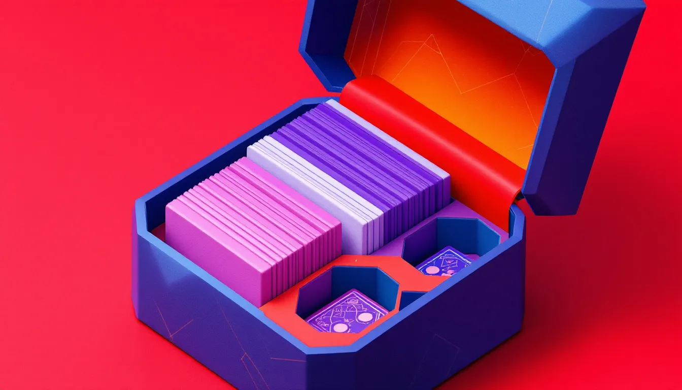 Close-up of a deck box featuring key features like card sleeves and compartments.