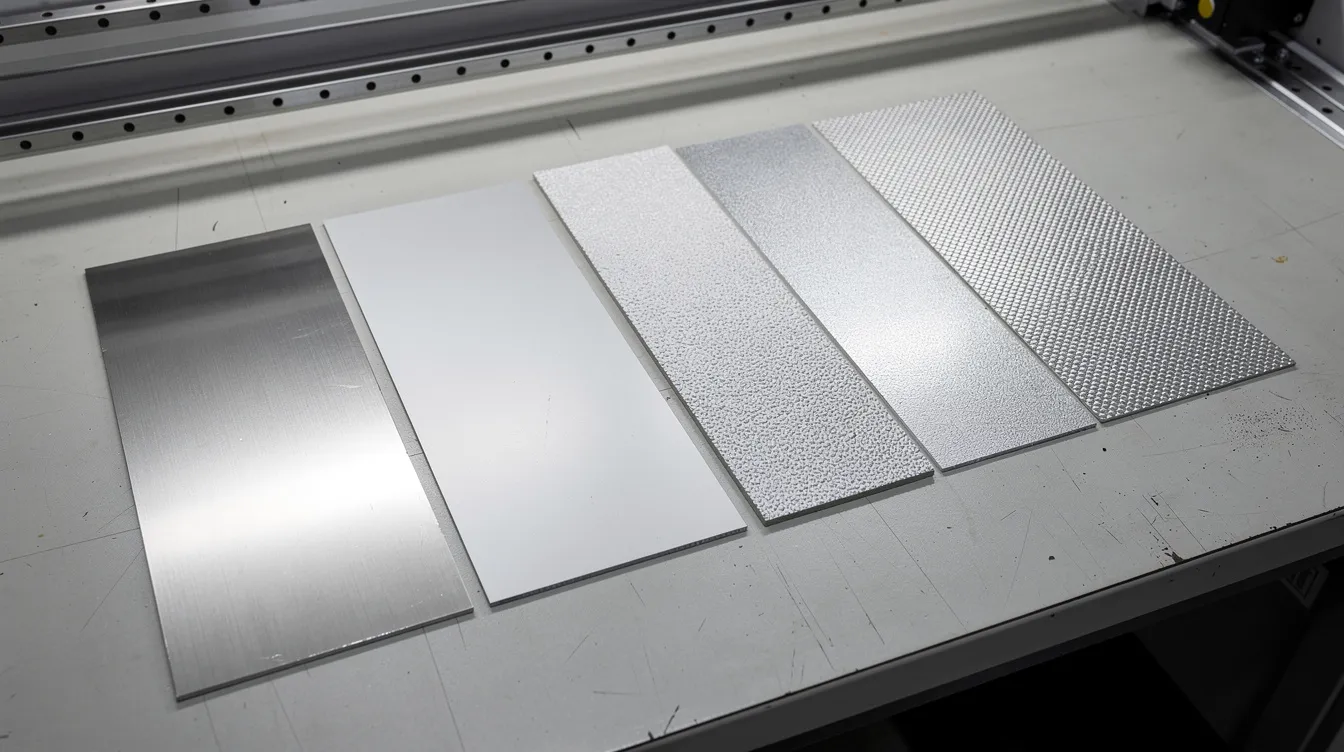 The image showcases several metal sheet samples with varying surface finishes, neatly arranged side by side on a workbench. These samples represent different types of sheet metal used in custom sheet metal fabrication, highlighting the diverse finishes and materials available for manufacturing processes.