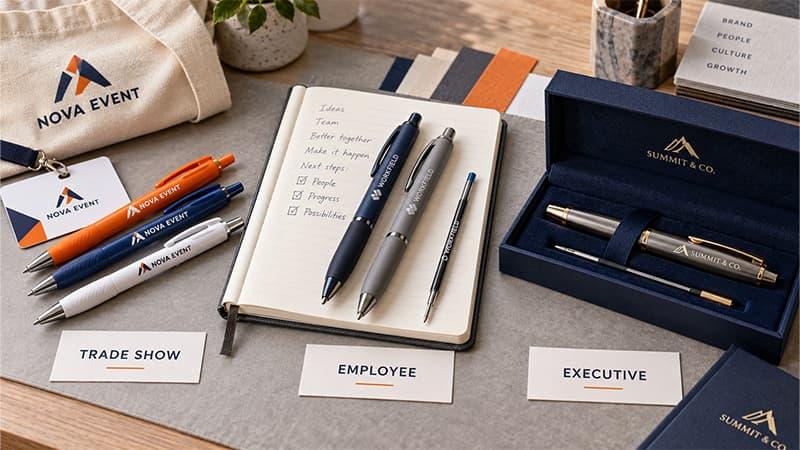 Custom pens matched to trade show giveaways, employee stationery, and executive gift campaigns.