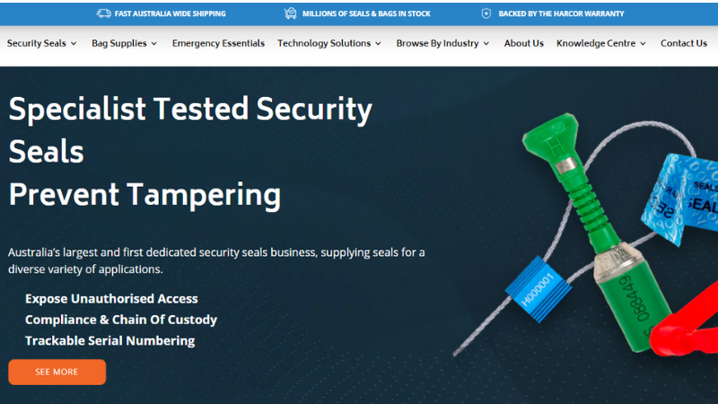 Harcor website banner featuring tested security seals and tamper prevention