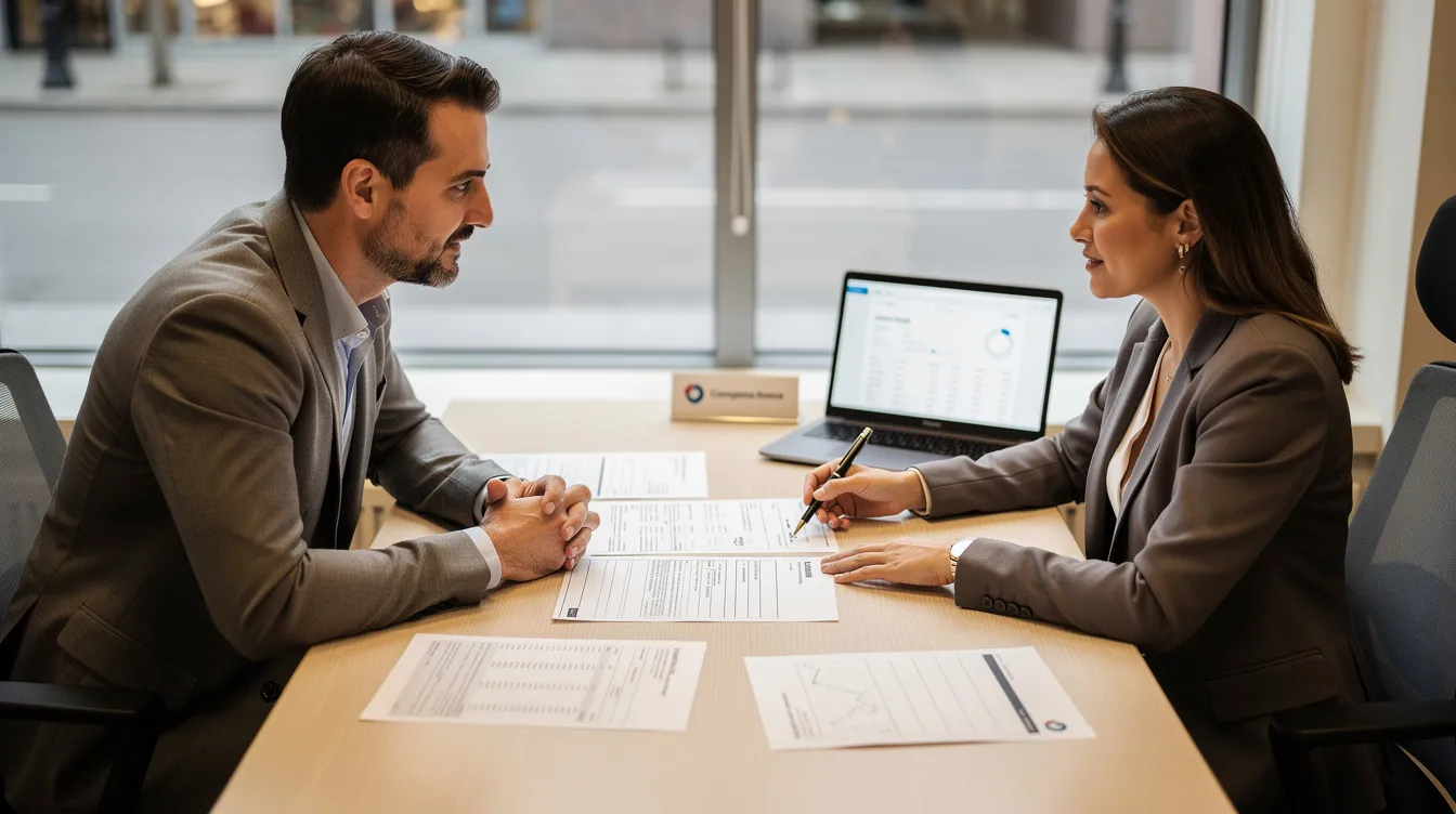 88b68564 5252 4bc0 b0ce 6a9d7a8d64c5 A small business owner is seated across from a bank officer at a desk cluttered with documents, including a basic business plan and bank statements. They are discussing the details necessary for a business loan application, such as credit history and repayment capacity.