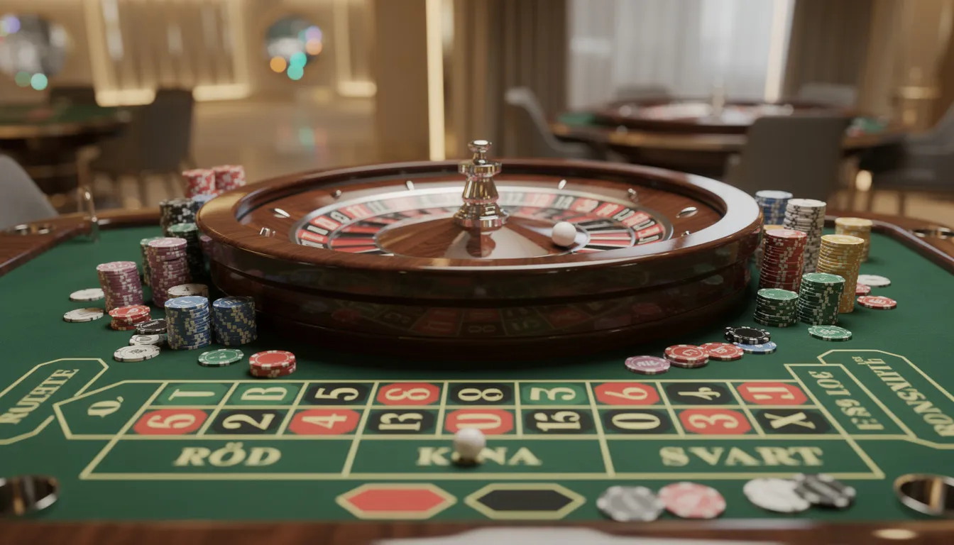 En närbild av ett roulettehjul på ett modernt casinobord, omgiven av marker i olika färger. Bordet är en del av ett live casino, där spelare kan satsa och delta i spelet direkt.