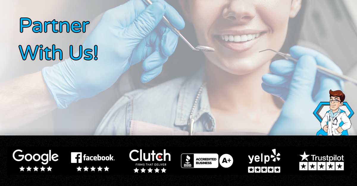A call to action image with Doc Digital SEM's various 5 star ratings saying "Partner With Us!".