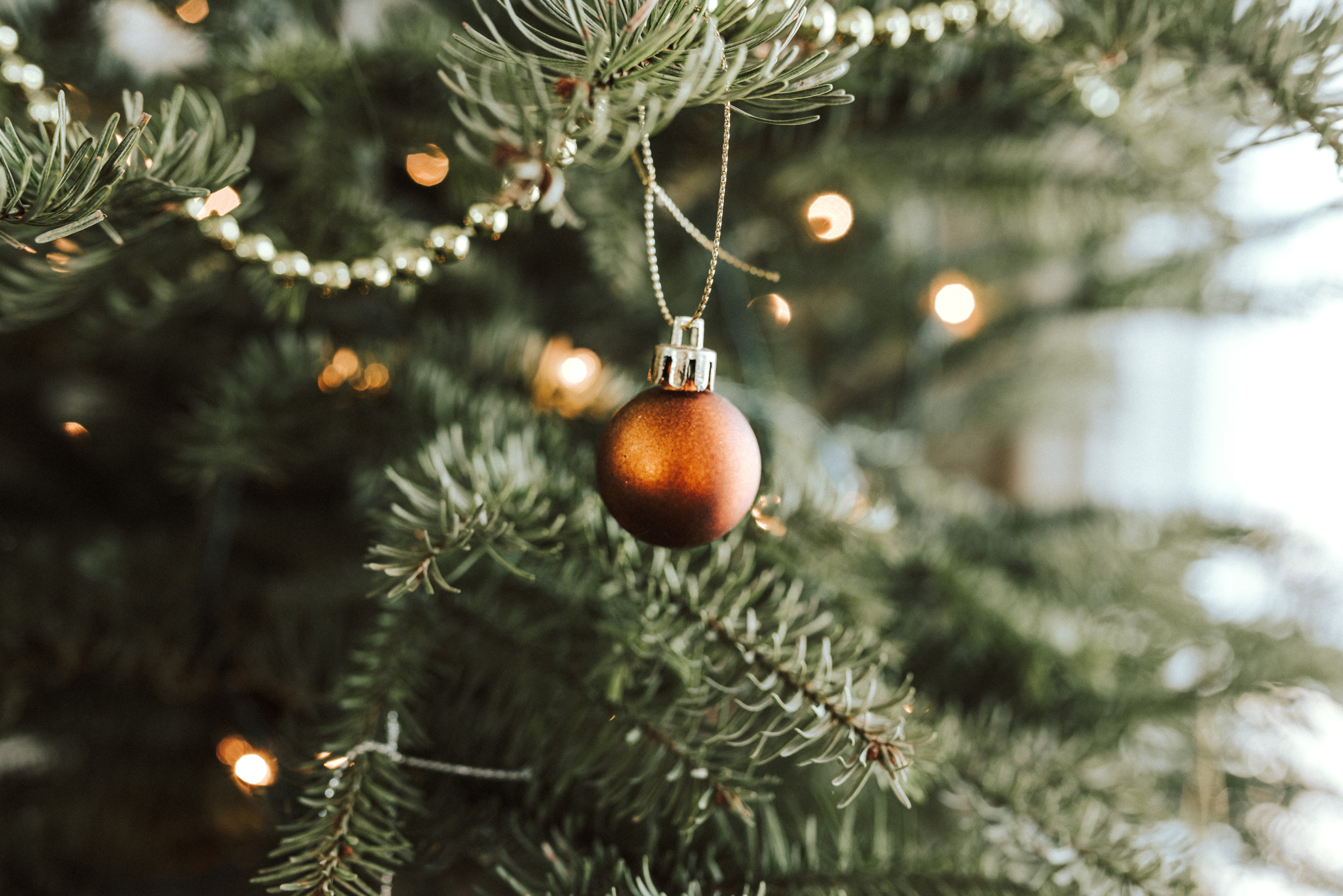 Hanging baubles on Christmas tree within home 