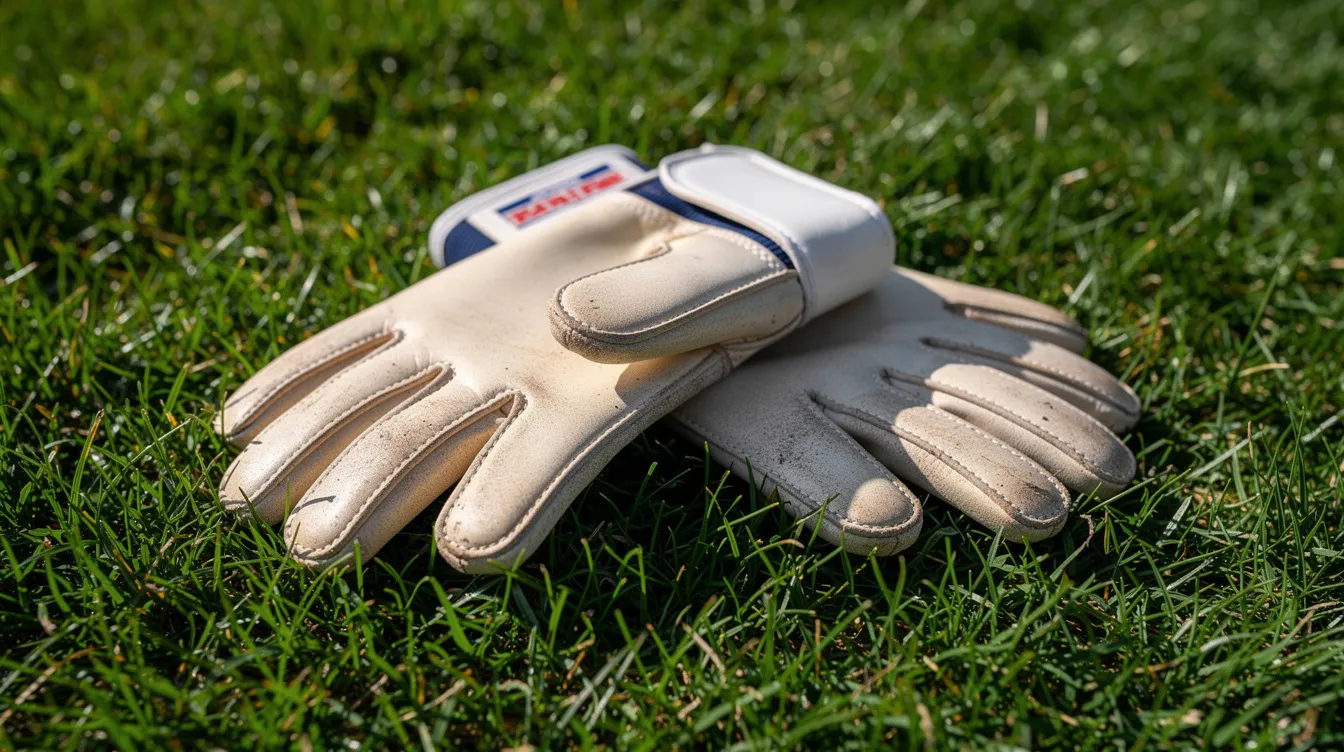Nahaufnahme von Torwarthandschuhen, die auf grünem Rasen liegen. Die Handschuhe sind aus hochwertigem Material gefertigt und zeigen die typischen Merkmale von professioneller Fußballausrüstung.