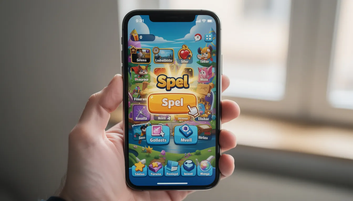 En person håller en smartphone i handen där en spelapp är synlig på skärmen. Appen visar olika casinospel, vilket ger en känsla av spänning och underhållning, typiskt för spelupplevelser hos betsafe.